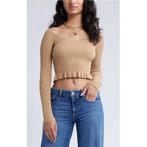 New OPEN EDIT NORDSTROM Women's Tan Cartouche Ruffle Hem Rib Crop Sweater Size S